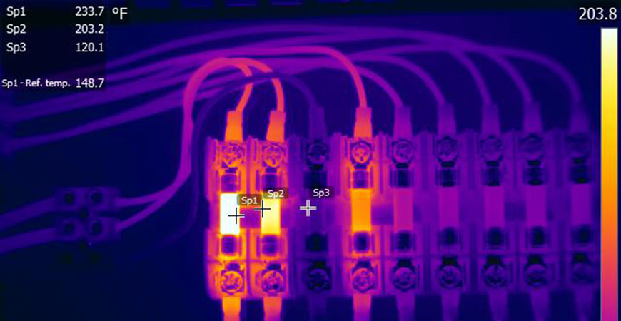 Imagem térmica mostrando ponto de aquecimento em painel elétrico