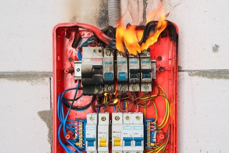 Engenheiro avaliando quadro elétrico danificado após incêndio